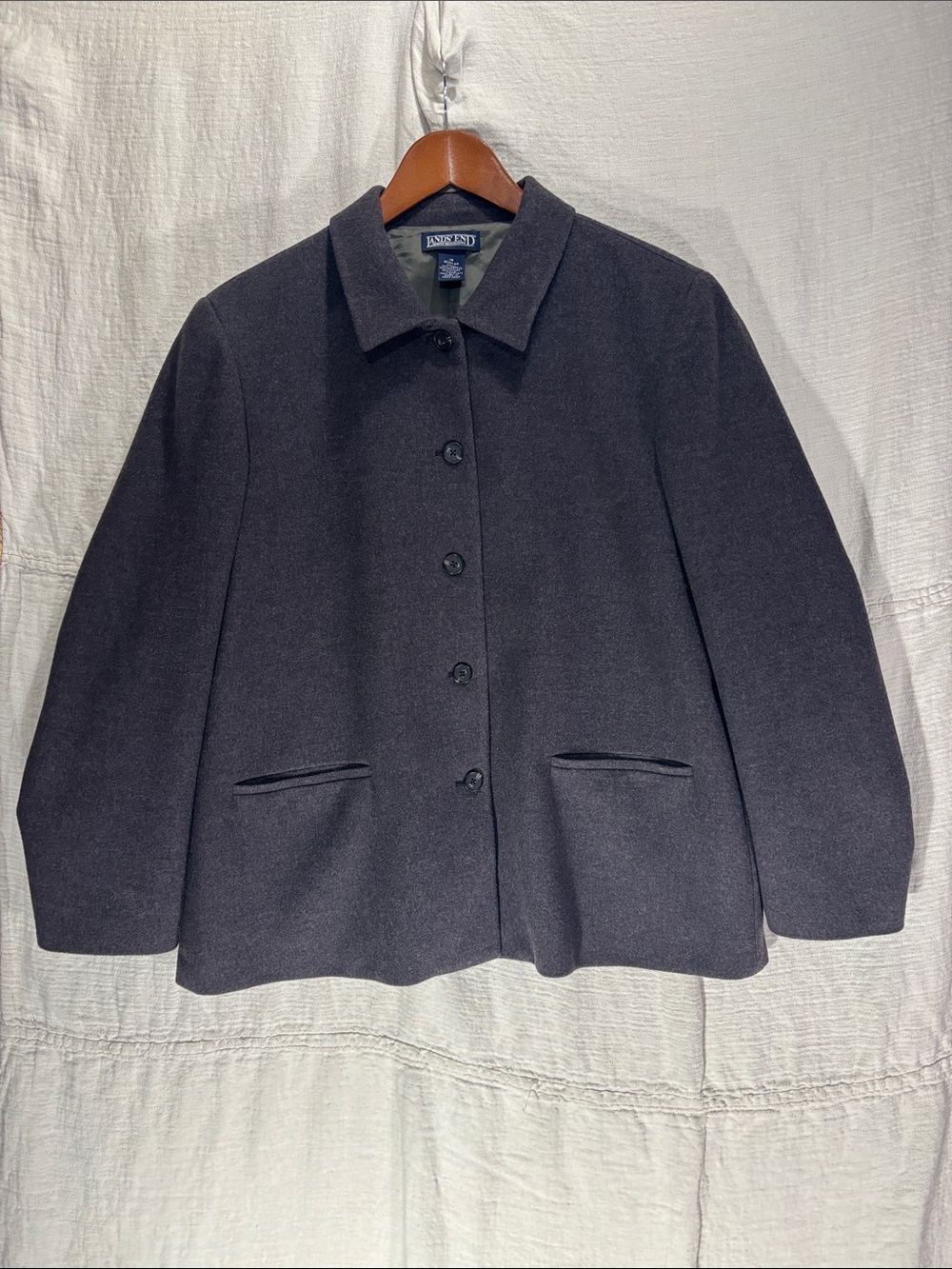 Lands' End Vintage Grey Wool Blend Collared Button-Front Pea Coat Jacket Size 18